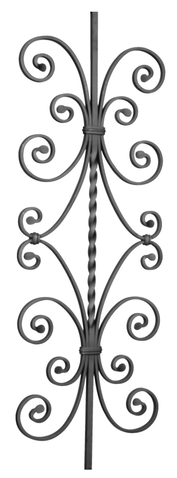 Barreau à souder en fer forgé. Section carré de 12mm. 950mm de hauteur et 300mm de largeur. En acier lisse avec une partie torsadée au centre. Composé d’un motif avec 8 volutes en forme de C au centre. Les volutes sont en plat de 12x6mm. Fixation par soudure. Utilisation en intérieur ou en extérieur pour toutes sortes de fabrication en fer forgé comme un garde corps, un portail, une rampe d'escalier, une grille de défense, par exemple... Fourni brut, à peindre ou à vernir pour le protéger contre la corrosion.