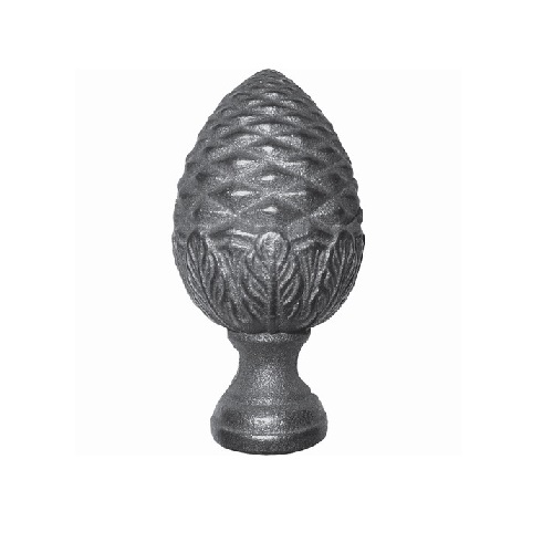 Pomme de pin sur socle rond, en fonte. Hauteur 160mm Diamètre Ø82mm et diamètre de la base Ø48mm. Fixation par vissage grâce à un insert M10. Livré brut, prêt à peindre ou à vernis, galvanisable, convient pour une utilisation en intérieur ou en extérieur. Objet décoratif qui rendra unique votre fabrication. Existe en différentes dimensions et en aluminium ou laiton.