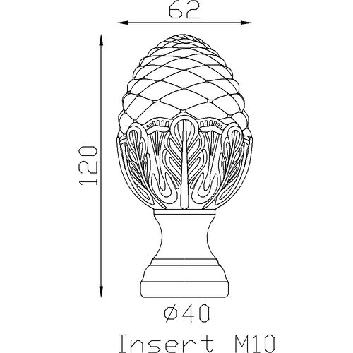 Pomme de pin fonte taraudée et à visser de 120mm de haut par 62mm de large et avec une base d'un diamètre de 40mm. Vendue sans tige filetée et brute sans peinture 