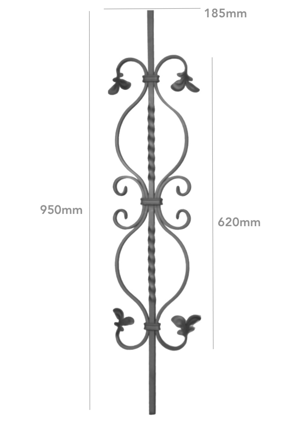 Barreau semi torsadé avec motif central de 2 volutes en C et 4 volutes finition feuille, en fer forgé. Hauteur 950mm largeur 185mm carré lisse plein de 12mm, volutes en fer plat de 12x6mm. Fixation par soudure. Fourni brut, à peindre ou à vernir pour protéger de la corrosion. Au delà de son rôle sécuritaire, il peut être un élément décoratif dans plusieurs réalisations en fer forgé tel que du mobiliers, divers objets décoratifs, des grilles de défense, des rampes d'escaliers, des portails, des kiosques, des gardes corps.