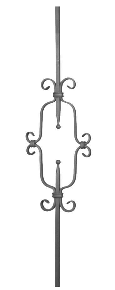 Barreau à souder en fer forgé. Section carré de 12mm. 950mm de hauteur et 205mm de largeur. En acier lisse. Composé d’un grand motif avec 2 volutes et 4 pointes avec boules. Les volutes sont en fer plat de 12x6mm avec les extrémités aplaties. Fixation par soudure. Utilisation en intérieur ou en extérieur pour toutes sortes de fabrication en fer forgé comme un garde corps, un portail, une rampe d'escalier, une grille de défense, par exemple... Fourni brut, à peindre ou à vernir pour le protéger contre la corrosion.
