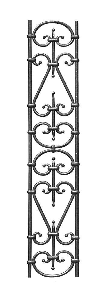 Panneau décoratif en fer forgé. 900mm de hauteur par 175mm de large. Section en rond lisse de 12mm de diamètre. Composé de volutes inégales encadrées par des barreaux. Les extrémités des volutes sont aplatis.