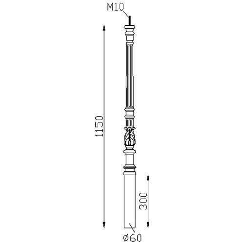 Poteau de départ en fonte de 1150mm de haut et avec une section d'un diamètre de 60mm. Avec tige filetée M10. Pour fabrication de rampe et garde corps. A souder ou a sceller 