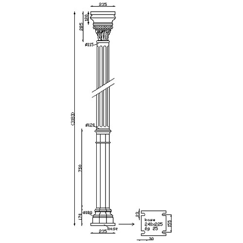 Poteau Colonne fonte octogonale H3180 Ø120 - Base 235 mm - Résistance 3 tonnes 