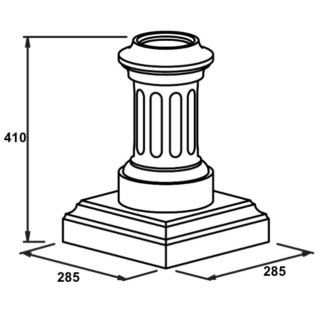 Décoration basse pour colonne alu sur socle, base en forme tradition royale, en aluminium. Hauteur 410mm, base carré de largeur 285mm, pour tube Ø100mm. Reçoit aussi bien un tube cannelé qu'un tube lisse, c'est l'un élément nécessaires à l'assemblage d'un poteau modulaire. Permet une finition élégante. Convient pour un usage en intérieur ou en extérieur. Finition: brut. Existe en version pour tube de Ø80mm (référence 06313).