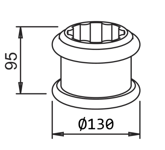 Rondelle décorative pour fût cannelé de diamètre Ø80mm, en aluminium. Hauteur 95mm Largeur 130mm. Elle permet de cacher les espaces des cannelures ou les soudures, au dessus d'une base ou au dessous d'un chapiteau. S'utilise avec le tube cannelé référence 06310. Existe  en version pour tube de Ø100mm (référence 063201). Finition: brut.