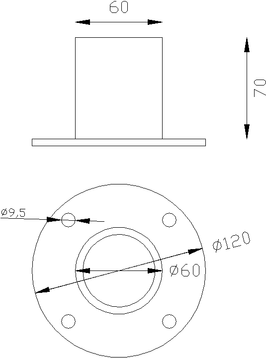 Fixation basse en alu pour tube diam 80 mm extérieur soit maxi 62 mm intérieur  - Cette pièce sert de centrage et de fixation pour les poteaux colonnes Ø80mm. Elle reçoit aussi bien un tube cannelé qu'un tube lisse Ø80mm extérieur.