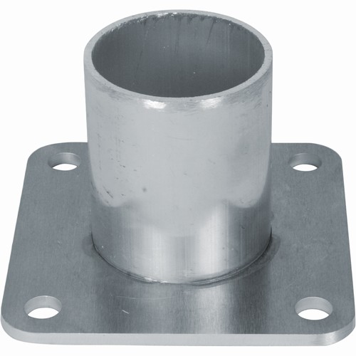 Fixation basse en alu pour tube diam 1000 mm - Cette pièce sert de centrage et de fixation pour les poteaux colonnes Ø100mm. Elle reçoit aussi bien un tube cannelé qu'un tube lisse Ø80mm.