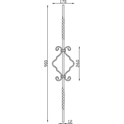 Barreau forgé à chaud torsadé avec une volute. Carré de 12mm et hauteur de 900mm.