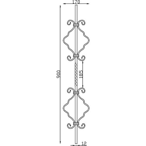 Barreau forgé à chaud torsadé avec deux volutes. Carré de 12mm et hauteur de 900mm.