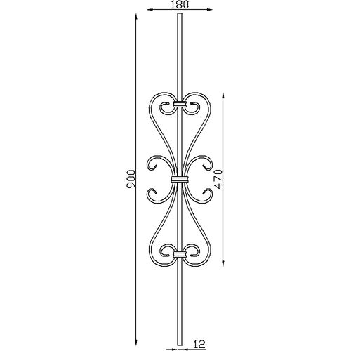 Barreau fer forgé avec décors quatre volutes. Carré de 12mm et hauteur de 900mm x largeur 180 mm. Pour décoration de grilles ,portails,garde corps et rambardes