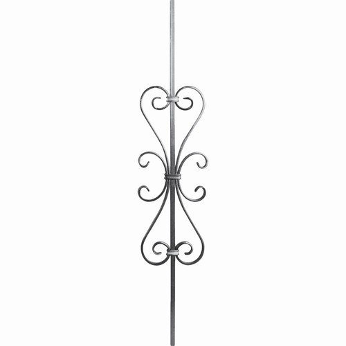 Barreau fer forgé avec décors quatre volutes. Carré de 12mm et hauteur de 900mm x largeur 180 mm. Pour décoration de grilles ,portails,garde corps et rambardes