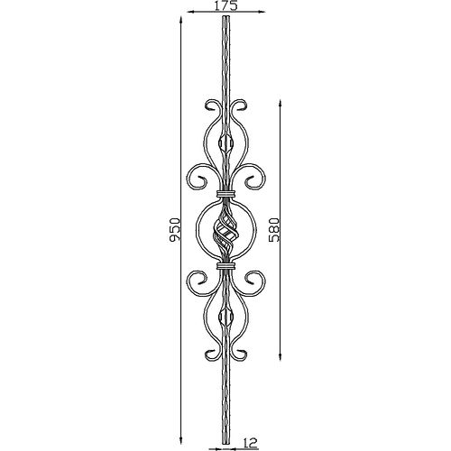 Barreau martelé composé d'une vrille et de volutes. Carré de 12mm et hauteur de 950mm.