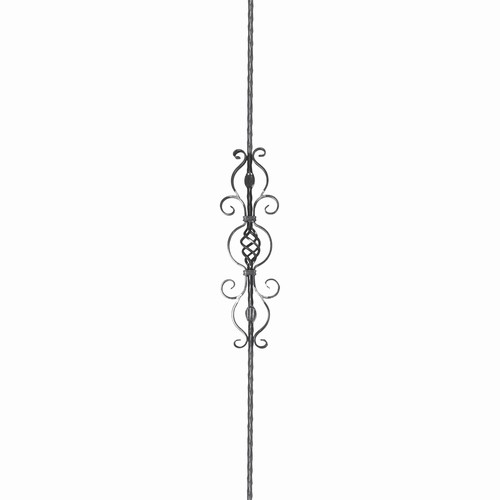 Barreau avec motif central composé de volutes et d'une vrille, en fer forgé. Hauteur 950mm, largeur 175mm, hauteur du motif 580mm, carré martelé plein de 12mm, volute en plat de 12x6mm. Fixation par soudure. Fourni brut, à peindre ou à vernir pour protéger de la corrosion. Au delà de son rôle sécuritaire, il peut être un élément décoratif dans plusieurs réalisations en fer forgé tel que du mobiliers, divers objets décoratifs, des grilles de défense, des rampes d'escaliers, des portails, des kiosques, des gardes corps.