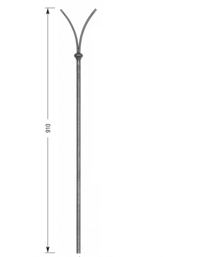 Barreau Gothique rond de diamètre14mm et extrémités en plat de 14 x 6mm finition avec bague pour garde corps. Hauteur totale 910mm. Fixation par soudure. Utilisation en intérieur ou en extérieur pour toutes sortes de fabrication en fer forgé comme un garde corps, un portail, une rampe d'escalier, une grille de défense, par exemple... Fourni brut grenaillé, à peindre ou à vernir pour le protéger contre la corrosion. Peut être présenté dans les 2 sens.
