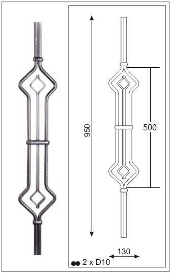 Barreau en fer forgé style 'art déco'. Diamètre de 10mm et hauteur de 950mm.