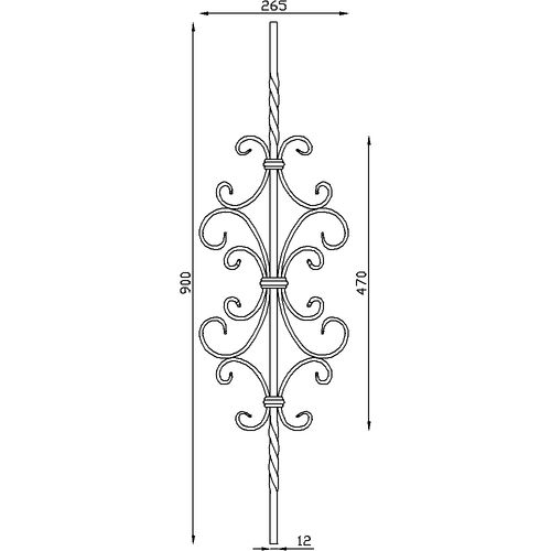 Barreau composé de huit volutes. Carré de 12mm et hauteur de 900mm.
