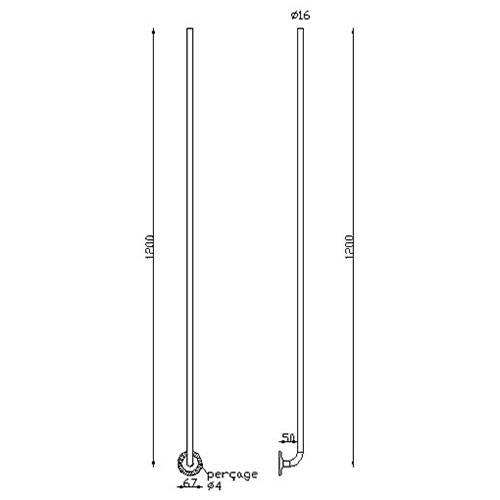 Balustre coudée pour escalier fixation à l'anglaise avec décor rosace diam 67mm a visser. Diamètre de 16mm et hauteur de 1200mm.