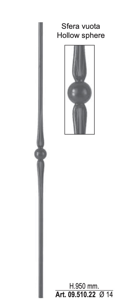 Barreau lisse plein avec décor de boule au centre, en fer forgé. Hauteur 950mm section en rond de Ø14mm. Fixation par soudure. Fourni brut, à peindre ou à vernir pour protéger de la corrosion. Au delà de son rôle sécuritaire, il peut être un élément décoratif dans plusieurs réalisations en fer forgé tel que du mobiliers, divers objets décoratifs, des grilles de défense, des rampes d'escaliers, des portails, des kiosques, des gardes corps.