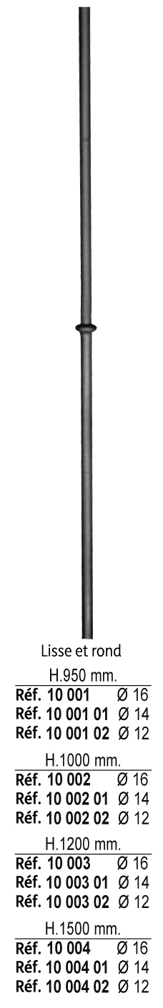 Barreau à souder en fer forgé à chaud. Section ronde de ø14mm de diamètre et 1500mm de hauteur. En acier lisse. Composé d'un motif central. Différentes hauteurs au choix.