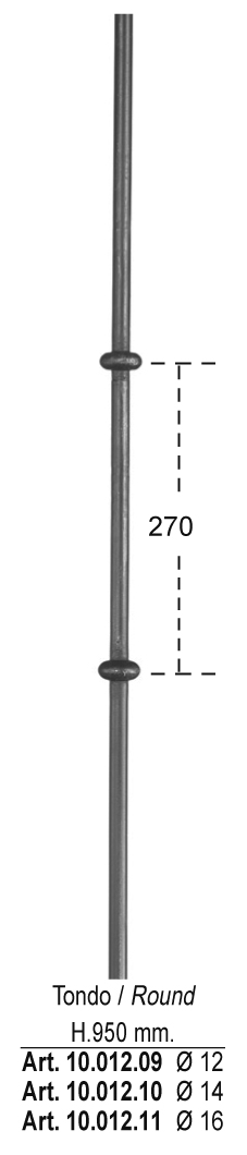 Barreau à souder en fer forgé à chaud. Section ronde de ø12mm de diamètre et 950mm de hauteur. Entraxe des motifs de 270mm. En acier lisse. Composé d'un double motif. Différentes hauteurs au choix. Ce barreau est la version double motif du barreau 10001.