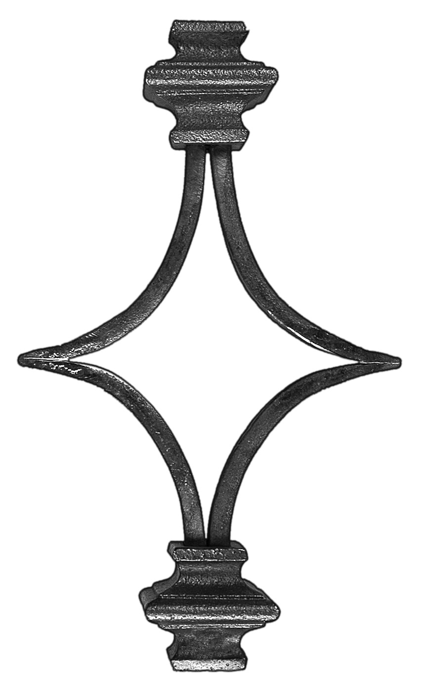 Ornement en acier. Hauteur de 210mm et largeur de 115mm. Compatible avec des barres de 16mm. Section du losange en 16x8mm.