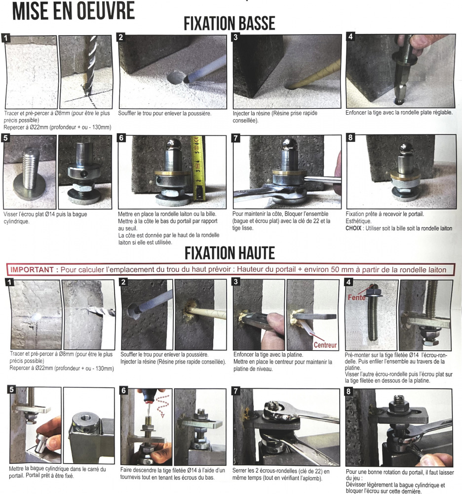 Ensemble constitué d'un pivot haut, d'une crapaudine au sol et de capot d'un capot de finition noir. Installation facile de part les multiples réglages possibles du pivot et de la crapaudine. À installer par soudure sur des tubes de 40mm extérieur. Le pivot haut est à fixer sur votre pilier en le scellant et la crapaudine est-elle à poser au sol par scellement. Ce pack est livré avec un guide de montage pour faciliter la pose. Chaque jeu de pivots peut supporter des vantaux de portails pesant jusqu'à 100KG. La crapaudine est munie d'une bille en acier trempé dans le but d'assurer une meilleure longévité.