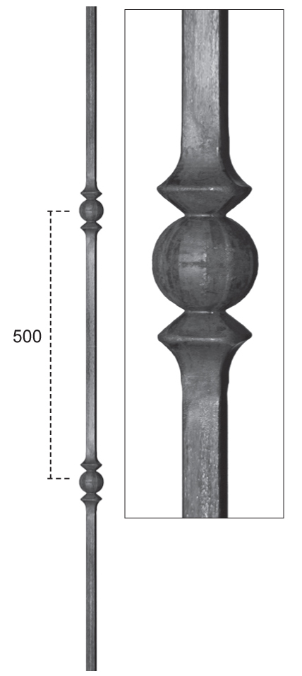 Barreau à souder en fer forgé. Section carré de 14mm et 1000mm de hauteur. Entraxe des motifs de 500mm. En acier lisse. Composé de deux motifs. Différentes sections au choix.