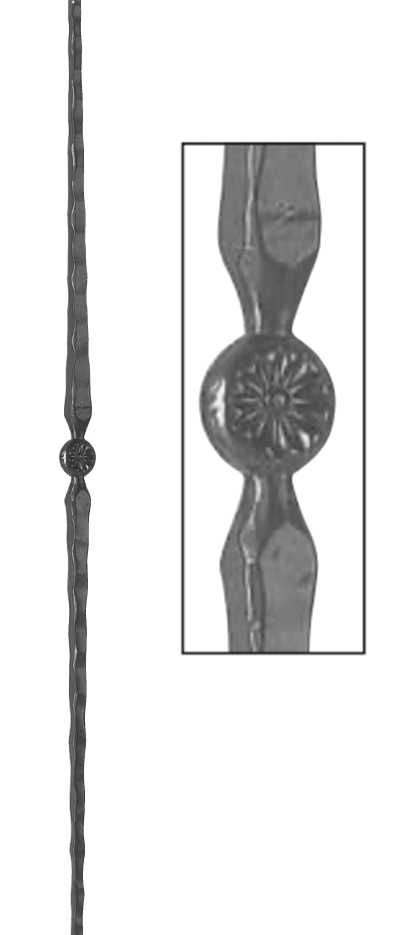 Barreau à souder en fer forgé. Section carré de 20mm et 1000mm de hauteur. En acier martelé. Le barreau est affiné sur la hauteur (les extrémités sont inférieurs à 20mm de section). Composé d’un motif poinçonné au centre. La section du barreau peut varier de quelques millimètres sur les modèles martelés.