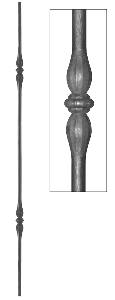 Barreau à souder en fer forgé. Section ronde de ø14mm de diamètre et 1000mm de hauteur. En acier à facettes. Le barreau est affiné sur la hauteur (les extrémités sont inférieurs à ø14mm). Composé de deux motifs. Ce barreau est la version double motif du barreau 1101705.