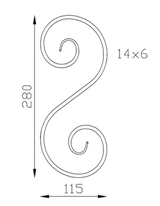 Volute en S finition queue de carpe. Hauteur 280mm largeur 115mm en fer plat de 14x6mm. Fixation par soudure. Permet de décorer votre fabrication en fer forgé, portail, clôture, pergola, mais également permet de renforcer la sécurité, en diminuant le vide entre barreau, ou d'augmenter le soutien. Fourni brut, à peindre ou à vernir pour protéger contre la corrosion.