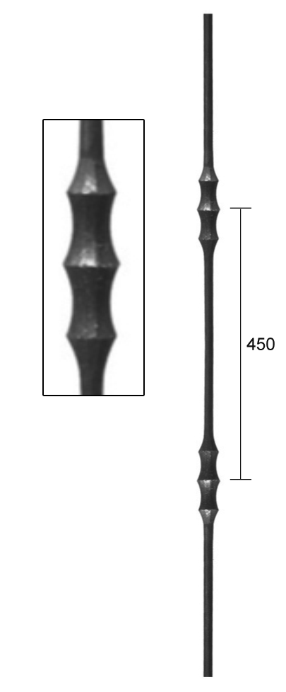 Barreau à souder en fer forgé. Section ronde de ø14mm de diamètre et 1000mm de hauteur. Entraxe des deux motifs de 450mm. En acier lisse. Composé de deux motifs. Ce barreau est la version deux motifs du barreau 1104142.