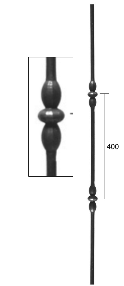 Barreau à souder en fer forgé. Section ronde de ø14mm de diamètre et 1000mm de hauteur. Entraxe des deux motifs de 400mm. En acier lisse. Composé de deux motifs. Ce barreau est la version deux motifs du barreau 1104144.