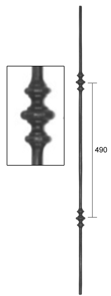 Barreau à souder en fer forgé. Section ronde de ø14mm de diamètre et 1000mm de hauteur. Entraxe des deux motifs de 490mm. En acier lisse. Composé de deux motifs. Ce barreau est la version deux motifs du barreau 1104154.