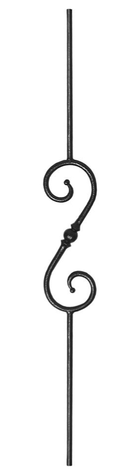 Barreau à souder en fer forgé. Section ronde de ø14mm de diamètre et 1000mm de hauteur. Largeur de 155mm. En acier lisse. Composé d’une volute au centre du barreau.