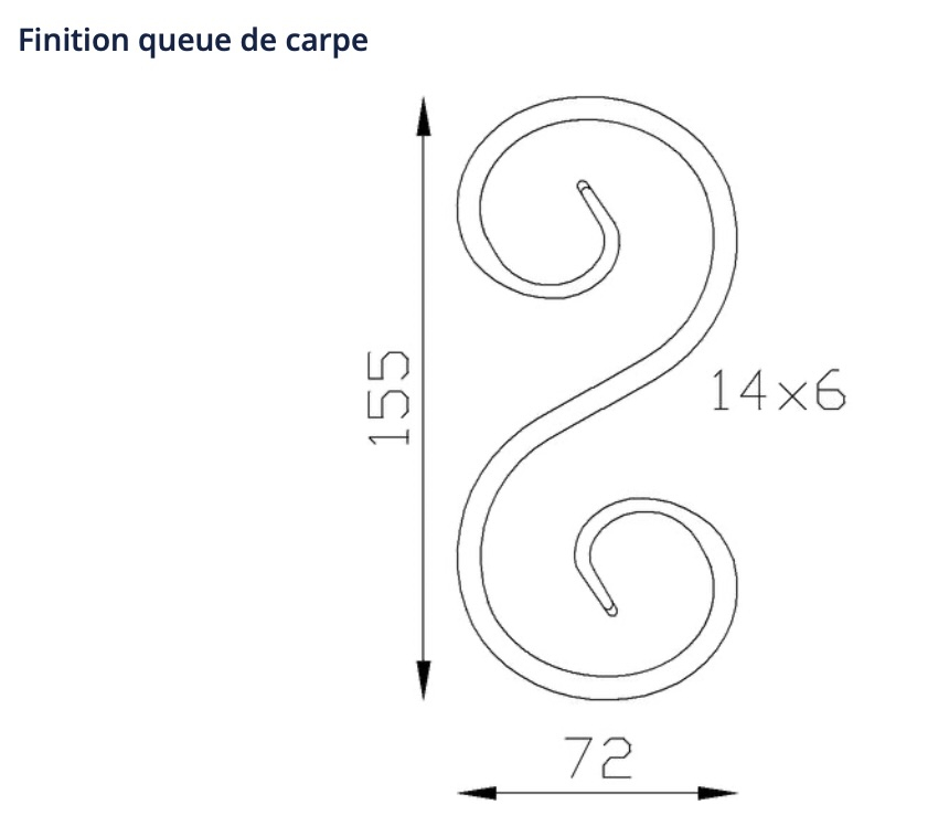 Volute en S finition queue de carpe. Hauteur 155mm largeur 72mm en fer plat de 14x6mm. Fixation par soudure. Permet de décorer votre fabrication en fer forgé, portail, clôture, pergola, mais également permet de renforcer la sécurité, en diminuant le vide entre barreau, ou d'augmenter le soutien. Fourni brut, à peindre ou à vernir pour protéger contre la corrosion.