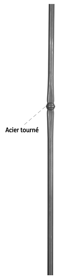 Poteau en fer forgé à souder. Section ronde de 25mm de diamètre et 1200mm de hauteur. En acier lisse. Composé d’un décor en forme de bague en acier tourné et centré par rapport aux 1000 premiers millimètres en partant du haut du poteau.