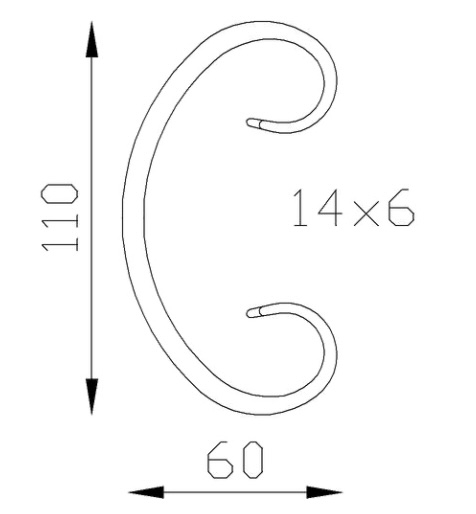 Volute en forme de \'C\' et avec une finition en queue de carpe de 110mm de haut par 60mm de large. Avec une section en 14x6mm. En fer forgé.