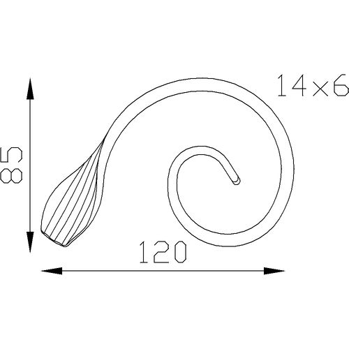 Volute en forme de demi 'C' et avec une finition en queue de carpe de 120mm de haut par 80mm de large. Avec une section en 14x6mm. En fer forgé.