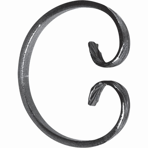 Volute en C fermé finition queue de carpe, en fer forgé. Hauteur 115mm Largeur 95mm section en fer plat de 12x6mm. Fixation par soudure. Permet de décorer votre fabrication en fer forgé, portail, clôture, pergola, mais également permet de renforcer la sécurité, en diminuant le vide entre barreau, ou d'augmenter le soutien. Fourni brut, à peindre ou à vernir pour protéger contre la corrosion. Peut être présentée à l'horizontal ou à la vertical.