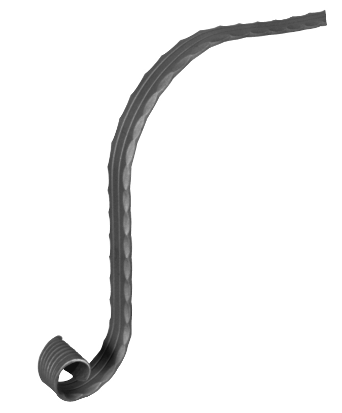 Départ ou arrivée de main courante pleine martelée avec double rainure, finition effilée, en fer forgé. Hauteur 650mm Longueur 250mm largeur 40mm et épaisseur 8mm. Element de finition idéal pour votre rampe d'escalier ou votre garde corps, par exemple, avec une utilisation aussi bien en intérieur qu'en extérieur. Fixation pour soudure. Fournie brut, à peindre ou à vernir avec un produit adapté contre la corrosion. Compatible avec la main courante de référence 12029.