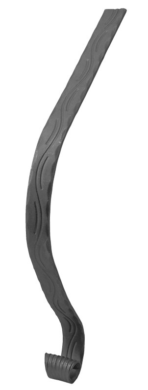 Départ ou arrivée de main courante pleine martelée avec détail de frise gravée ondulée, forme en col de cygne, en fer forgé. Hauteur 650mm Longueur 250mm largeur 40mm et épaisseur 8mm. Element de finition idéal pour votre rampe d'escalier ou votre garde corps, par exemple, avec une utilisation aussi bien en intérieur qu'en extérieur. Fixation pour soudure. Fournie brut, à peindre ou à vernir avec un produit adapté contre la corrosion. Compatible avec la main courante de référence 12045.