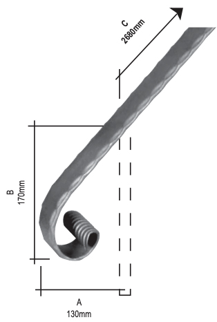 Main courante avec sa crosse en fer forgé déjà soudée. Sur longueur de main courante de 2680mm de long et hauteur totale de 170mm. Crosse en finition pattes d’oies et effet escargot. Parfait pour gagner du temps mais aussi d’un point de vue esthétique car vous n’aurez plus de trace de soudure et meulage au niveau de la jonction entre la main courante et la crosse. Martelée sur les angles supérieurs droite et gauche. Fabriquée sans gorge pour souder directement les barreaux ou panneaux en fer forgé dessous. Faire attention de bien choisir des produits avec le même style de finition et section pour un assemblage homogène.