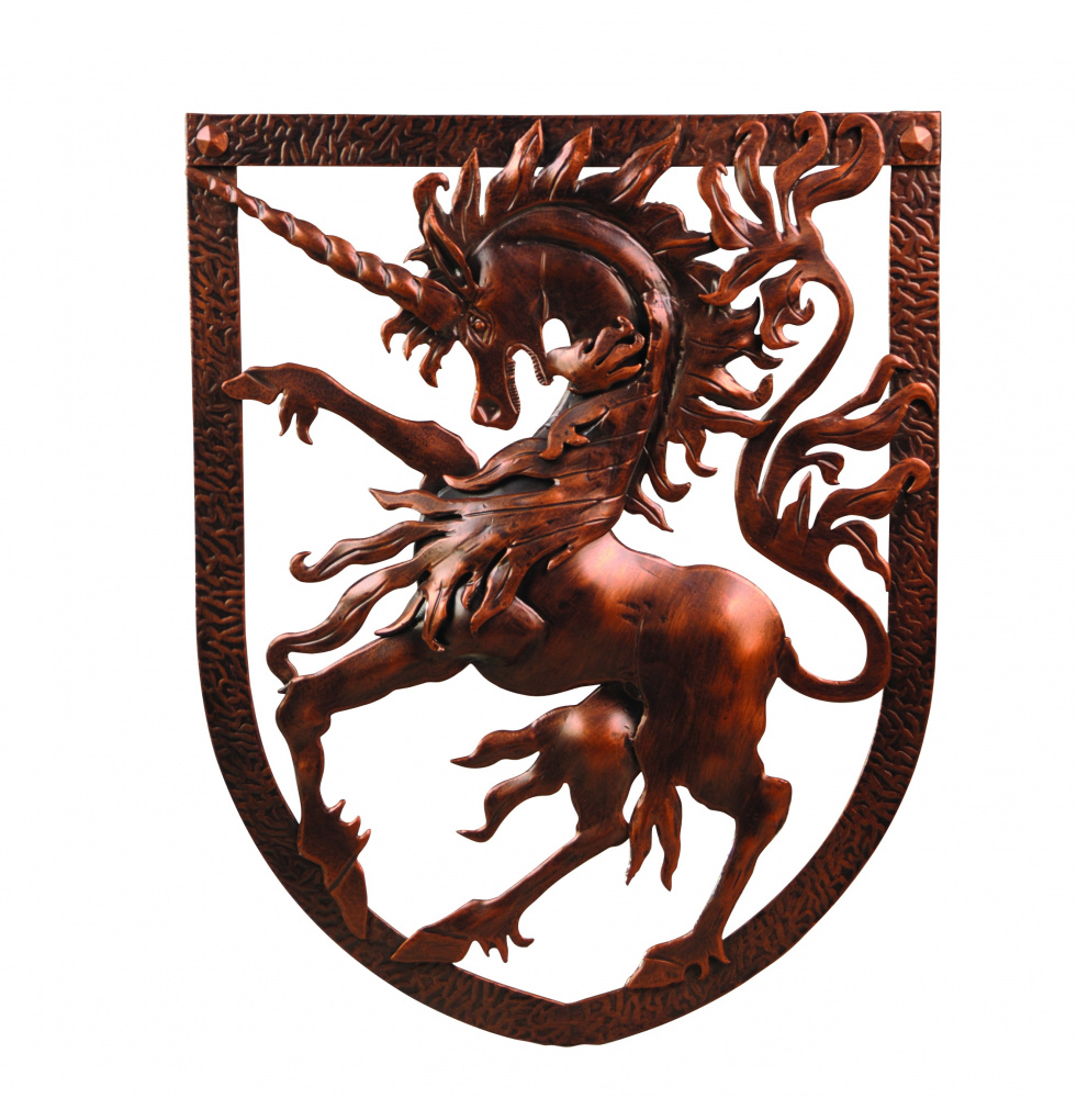 Décor de Licorne style médiévale de 750mm de haut et 580mm de large en fer forgé. Avec finition patiné noir et peinture cuivre.