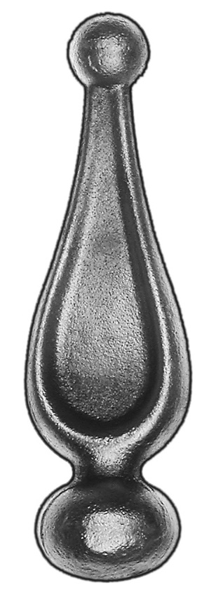 Pointe de lance effet goutte d'eau avec finition boule, en acier moulé. Hauteur 150mm largeur 40mm avec une base ronde pleine de diamètre 33mm. Elément décoratif idéal pour renforcer la sécurité et l'esthétisme de votre portail ou clôture, par exemple. Fixation par soudure. Fournie brut, à peindre ou à vernir avec un produit adapté qui protège contre la corrosion.