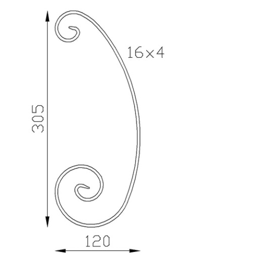 Volute en forme de 'C' forgé à froid de 305mm de haut par 120mm de large. Avec une section en 16x3mm. En fer forgé.