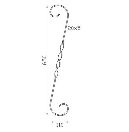 Volute en S, avec une torsade au centre, finition coupe droite, en fer forgé. Hauteur 650mm largeur 110mm en fer plat de 20x5mm. Fixation par soudure. Permet de décorer votre fabrication en fer forgé, portail, clôture, pergola, mais également permet de renforcer la sécurité, en diminuant le vide entre barreau, ou d'augmenter le soutien. Fourni brut, à peindre ou à vernir pour protéger contre la corrosion.