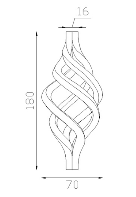 Torsade de barreaux carrés, en fer forgé. Compatible avec des barreaux de largeur 16mm. Hauteur de 180mm et Largeur de 70mm. Cet ornement habillera vos barreaux de grilles de défense, portails, escaliers par exemple. Fixation par soudure. Fournie brut, à peindre ou à vernir avec un produit adapté pour la protection contre la corrosion.