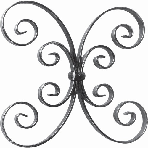 Volutes en C finition coupe droite, composition de 4 volutes en forme de papillon, en fer forgé. Hauteur 250mm Largeur 250mm section en fer plat de  16x4mm. Fixation par soudure. Permet de décorer votre fabrication en fer forgé, portail, clôture, pergola, mais également permet de renforcer la sécurité, en diminuant le vide entre barreau, ou d'augmenter le soutien. Fourni brut, à peindre ou à vernir pour protéger contre la corrosion. Peut être présentée à l'horizontal ou à la vertical.