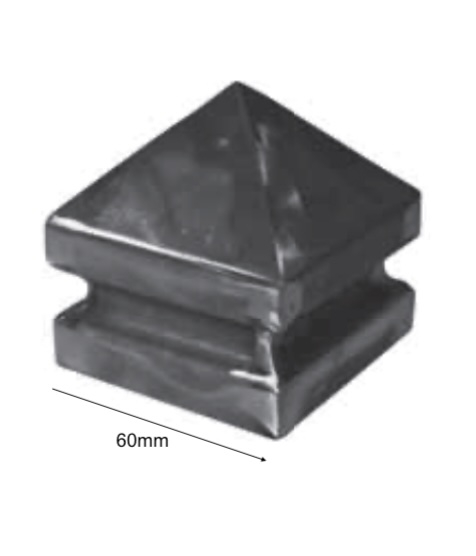 Chapeau couvre poteau, pour tube carré de 60x60mm, en fer forgé. Largeur 60mm Longueur 60mm. Se positionne au dessus de votre tube carré creux. Idéal pour permettre une finition élégante de vos poteaux de clôtures, ou garde corps, par exemple. Fixation par soudure. Livré brut, prêt à peindre ou à vernir. Existe en longueur 80x80mm (ref 15059005), en longueur 100x100mm (ref 19581) et en longueur 120x120mm (ref 19582).